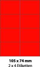 Etiketten auf DIN A4 B�gen Gr��e 105 x 74 mm Leuchtrot - 100er Pack
